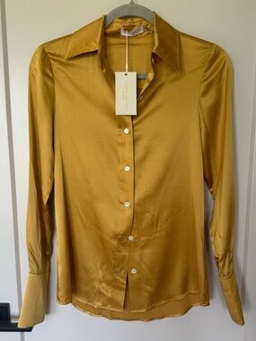 Ramy Brook Golden Satin Button-Up Blouse